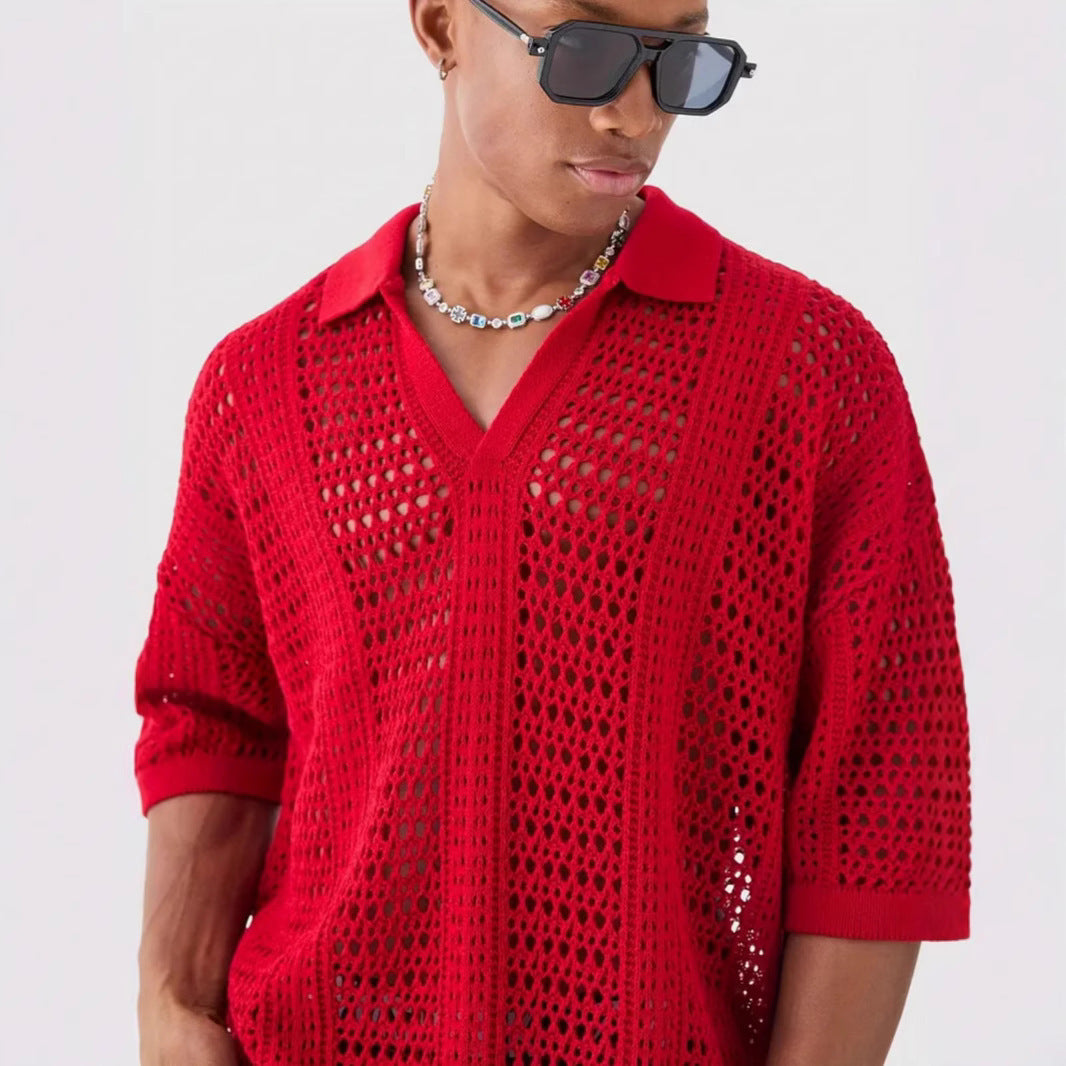 Hollow Mesh Texture Knitted Short-sleeved Polo Shirt