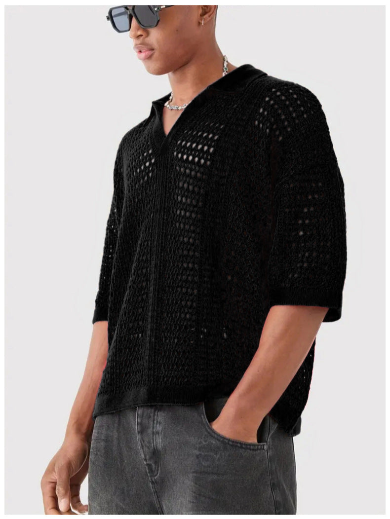 Hollow Mesh Texture Knitted Short-sleeved Polo Shirt