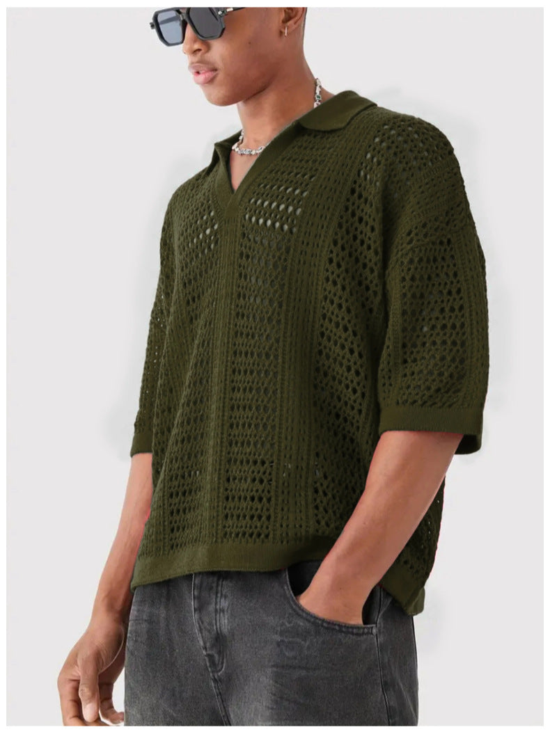 Hollow Mesh Texture Knitted Short-sleeved Polo Shirt