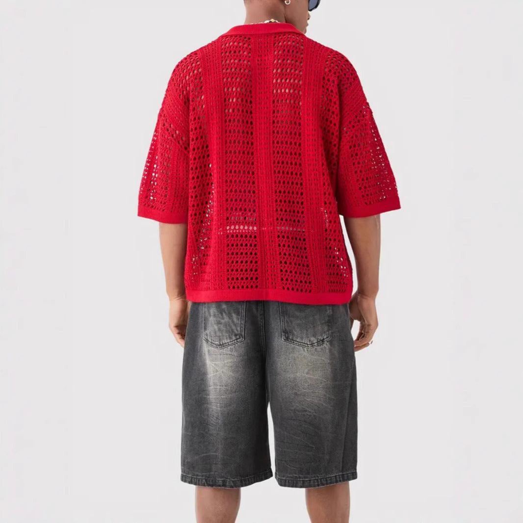 Hollow Mesh Texture Knitted Short-sleeved Polo Shirt