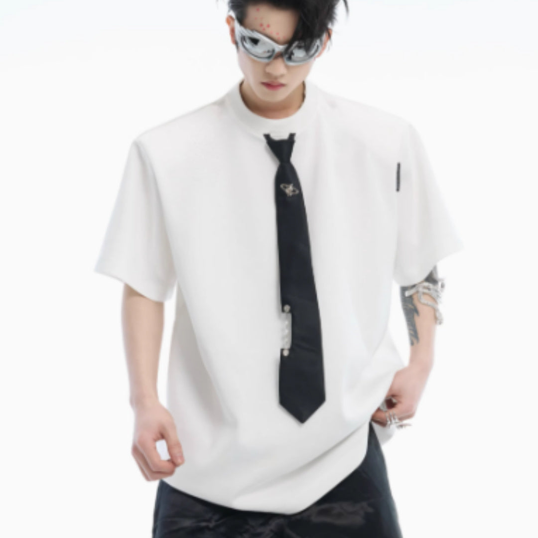 Niche Tie Stitching Design Short Sleeve Solid Color