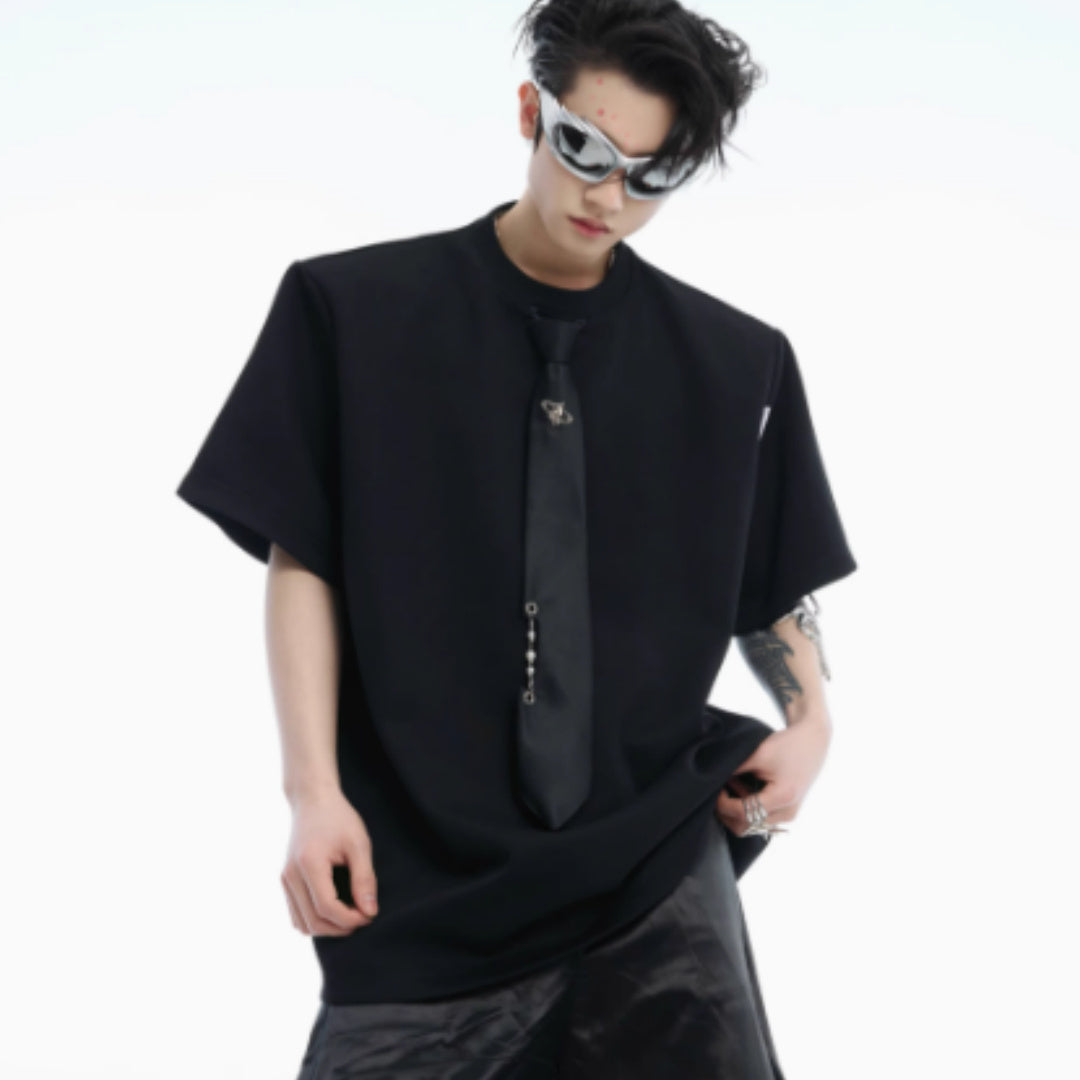 Niche Tie Stitching Design Short Sleeve Solid Color