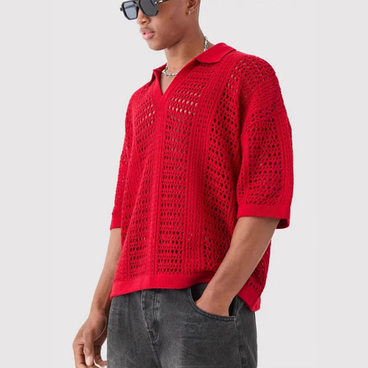 Hollow Mesh Texture Knitted Short-sleeved Polo Shirt