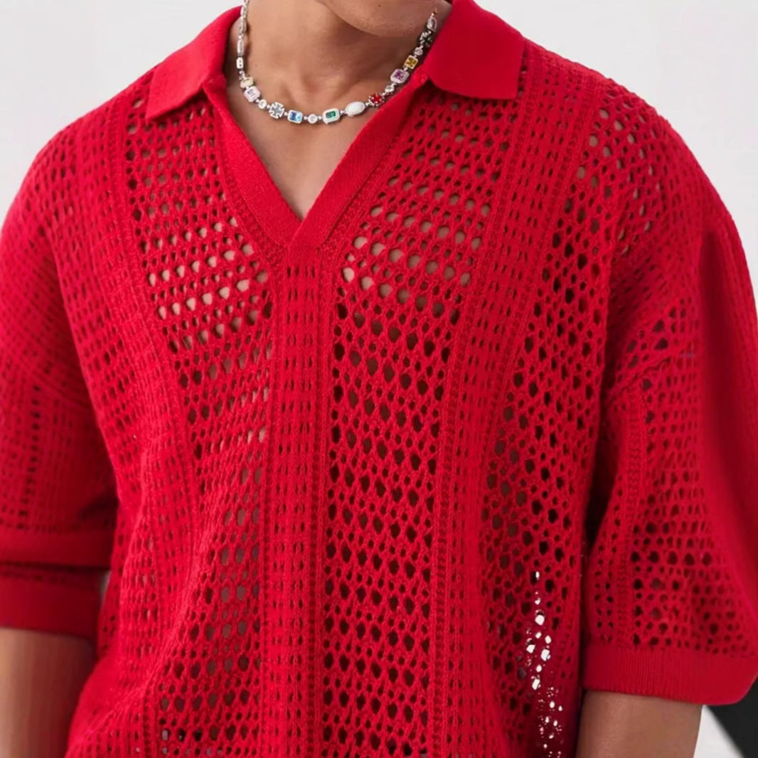 Hollow Mesh Texture Knitted Short-sleeved Polo Shirt