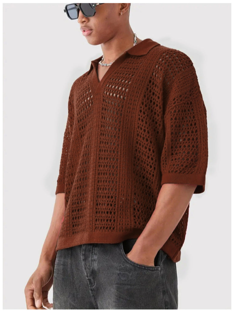 Hollow Mesh Texture Knitted Short-sleeved Polo Shirt